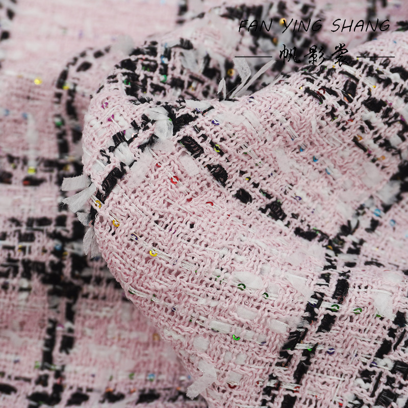 Sewing Tweed Fabric - Pembe Klasik Büyük Ekose Renkli Payetli