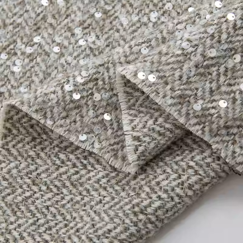 Sewing Tweed Fabric - Açık Gri Payetli İplik Boyalı Örgülü